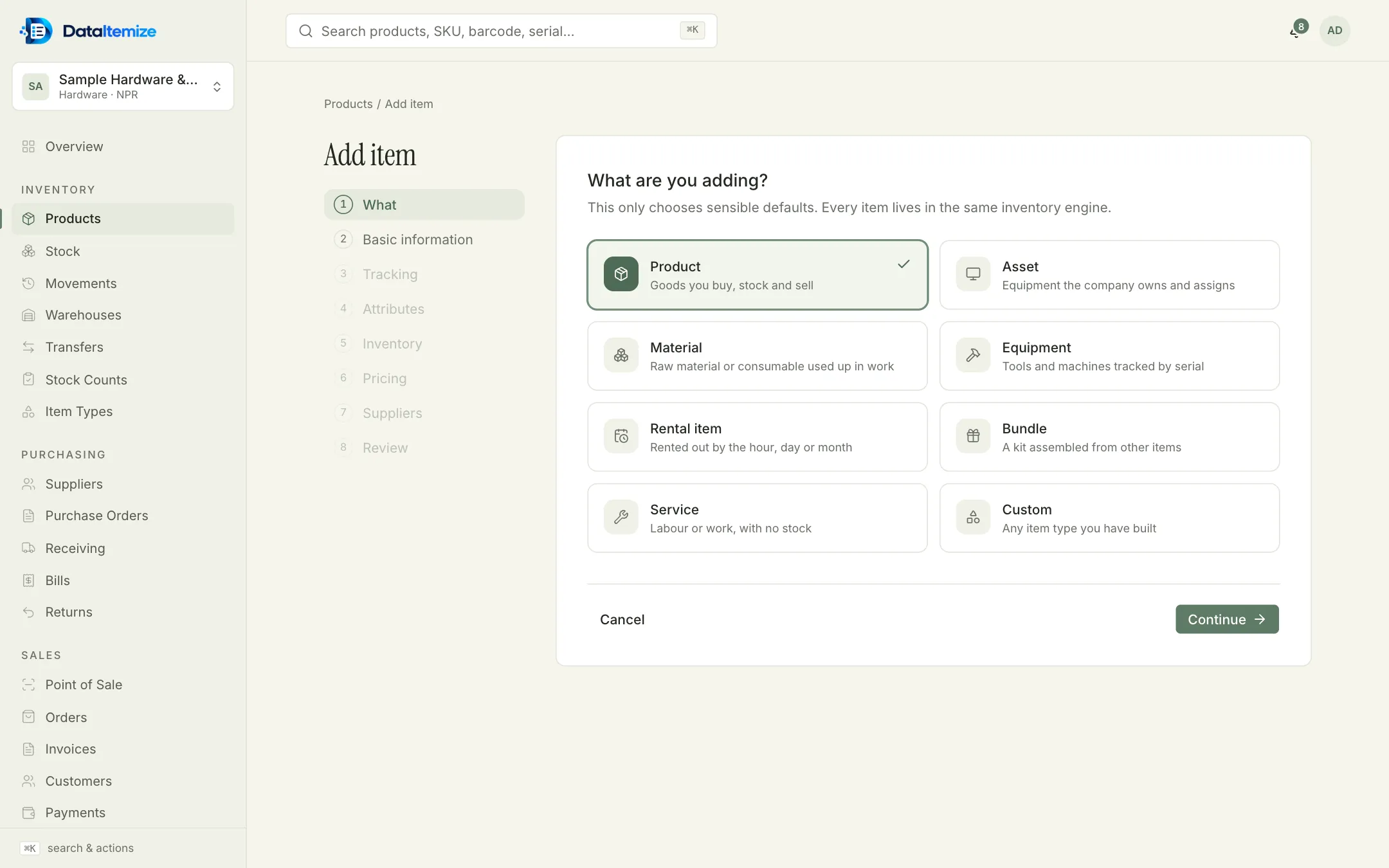 Add item wizard, step one of eight: choose between product, asset, material, equipment, rental item, bundle, service or custom, with the steps basic information, tracking, attributes, inventory, pricing, suppliers and review listed alongside