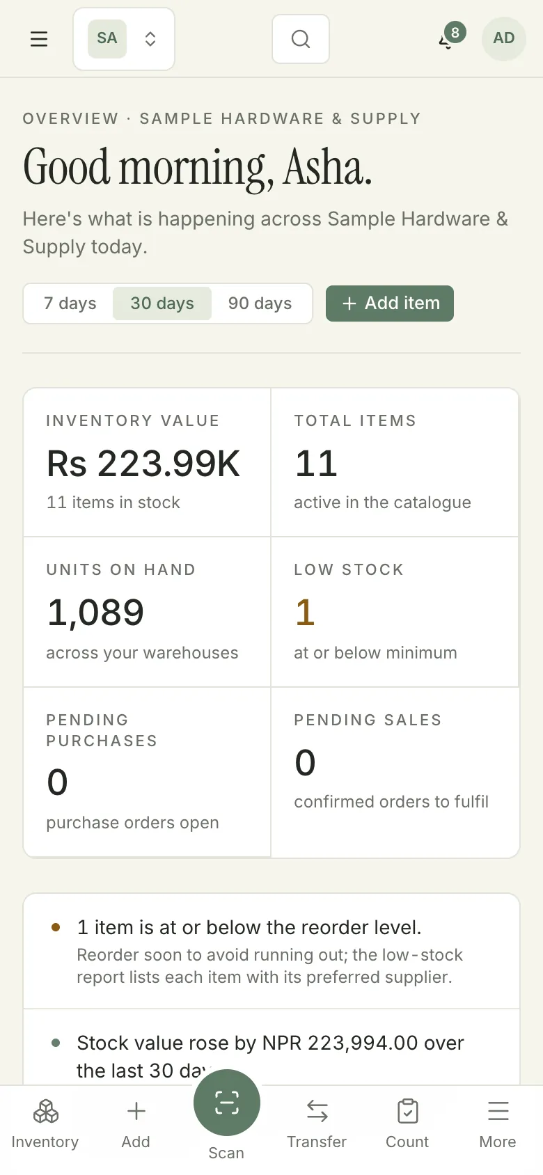 DataItemize in a phone browser: the overview with inventory value, total items, units on hand and low stock, and a bottom bar with Inventory, Add, Scan, Transfer, Count and More