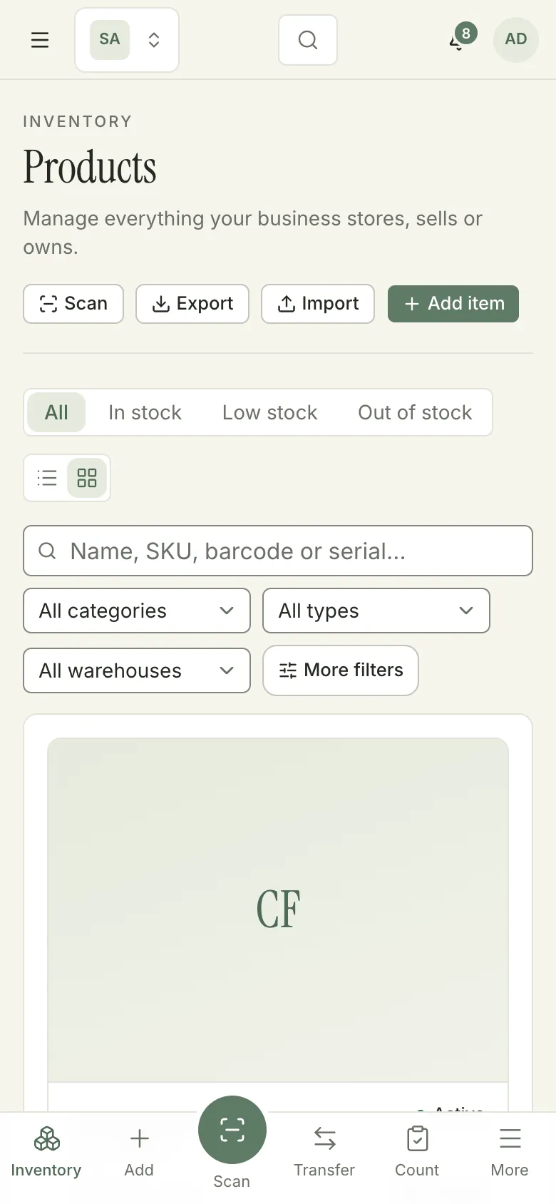 Products list on a phone with Scan, Export, Import and Add item buttons, filters, and a bottom bar with Inventory, Add, Scan, Transfer, Count and More