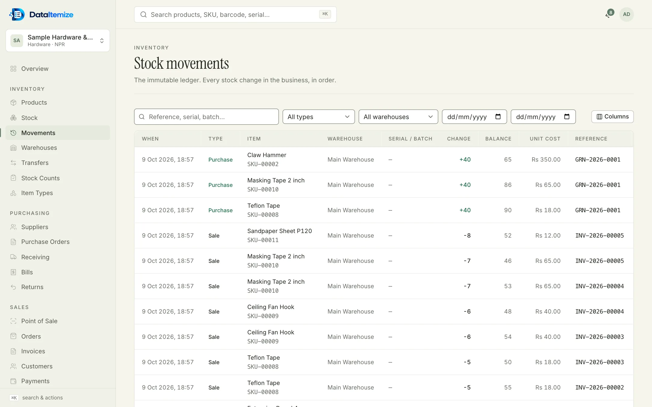 Stock movements ledger: three purchase rows of +40 on receipt GRN-2026-0001, followed by sale rows, each with the balance after it, the unit cost and the document reference