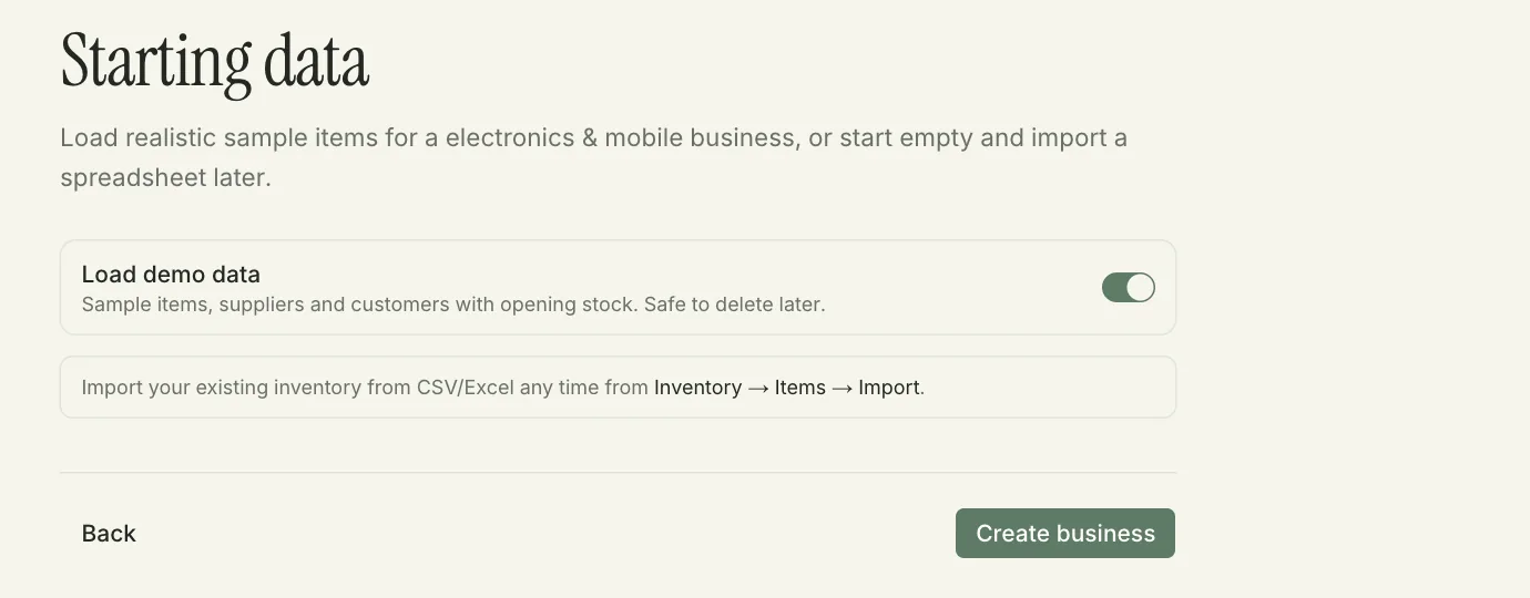 Setup step “Starting data” with the Load demo data switch turned on, a note about importing from CSV or Excel, and a Create business button