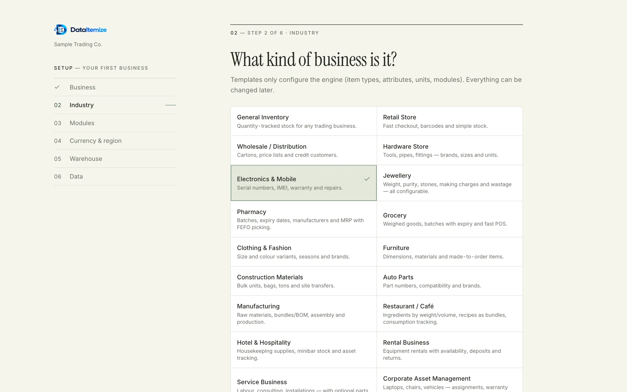 Setup step two of six, “What kind of business is it?”, with templates including General Inventory, Retail Store, Wholesale / Distribution, Hardware Store, Electronics & Mobile (selected), Jewellery, Pharmacy and Grocery