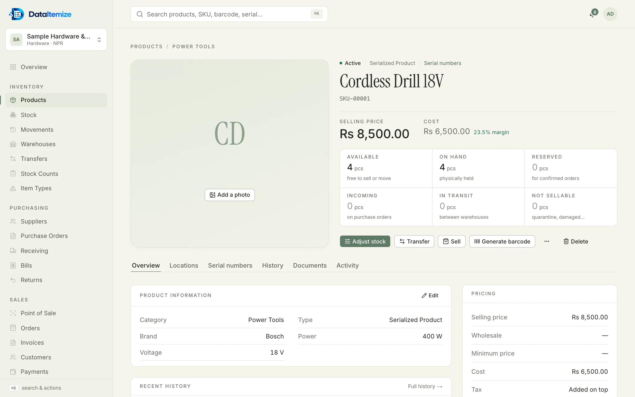 Product page for a serialized Cordless Drill 18V: 4 available, 4 on hand, 0 reserved, 0 incoming, 0 in transit and 0 not sellable, with Adjust stock, Transfer, Sell and Generate barcode buttons