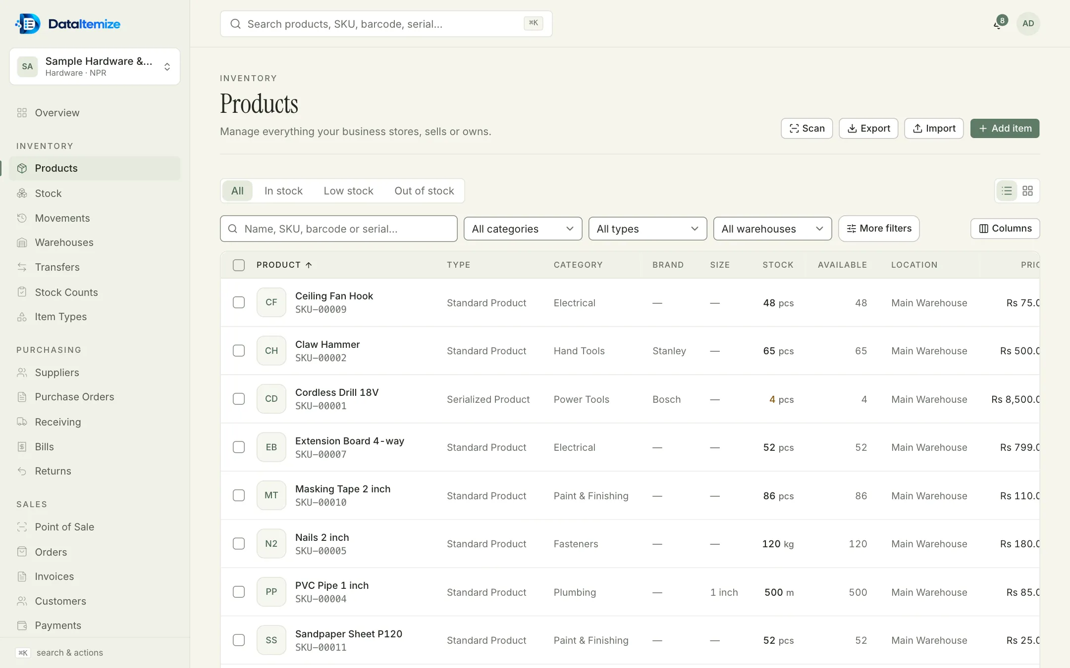 Products list with stock-status tabs, filters, and columns for type, category, brand, size, stock, available, location and price