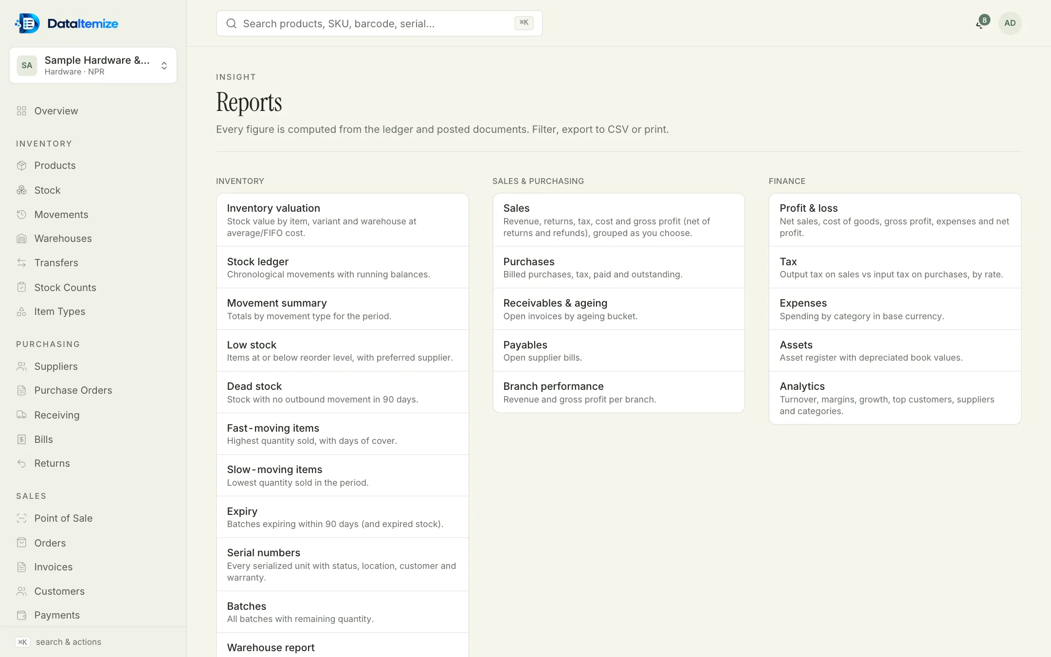 Reports index in three columns: Inventory, Sales & purchasing, and Finance, each listing reports with a one-line description